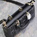 LADY D-JOY BAG 26 IN BLACK GRAPHIC CANNAGE CALFSKIN PALE GOLD-FINISH METAL CHARMS
