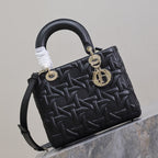 LADY BAG 24 IN BLACK GRAPHIC CANNAGE CALFSKIN PALE GOLD-FINISH METAL CHARMS
