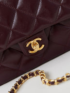 FLAP BAG WITH TOP HANDLE 25 IN WINE RED OIL-WAX LAMBSKIN GOLD HARDWARE