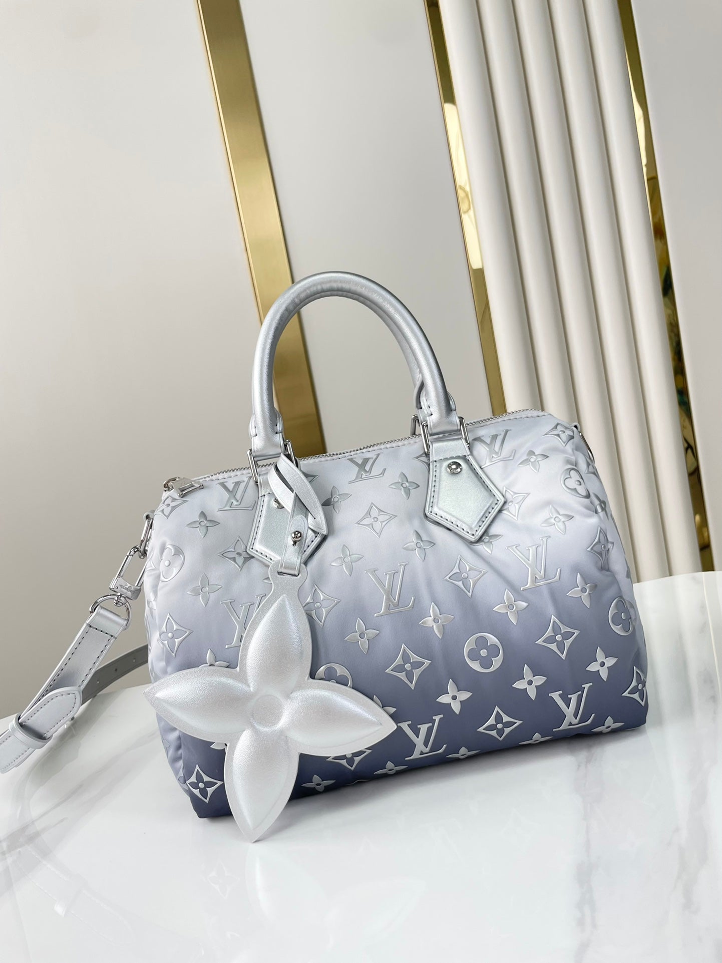 SPEEDY BANDOULIÈRE 25 IN FADIENT SILVER MONOGRAM NYLON SILBER HARDWARE