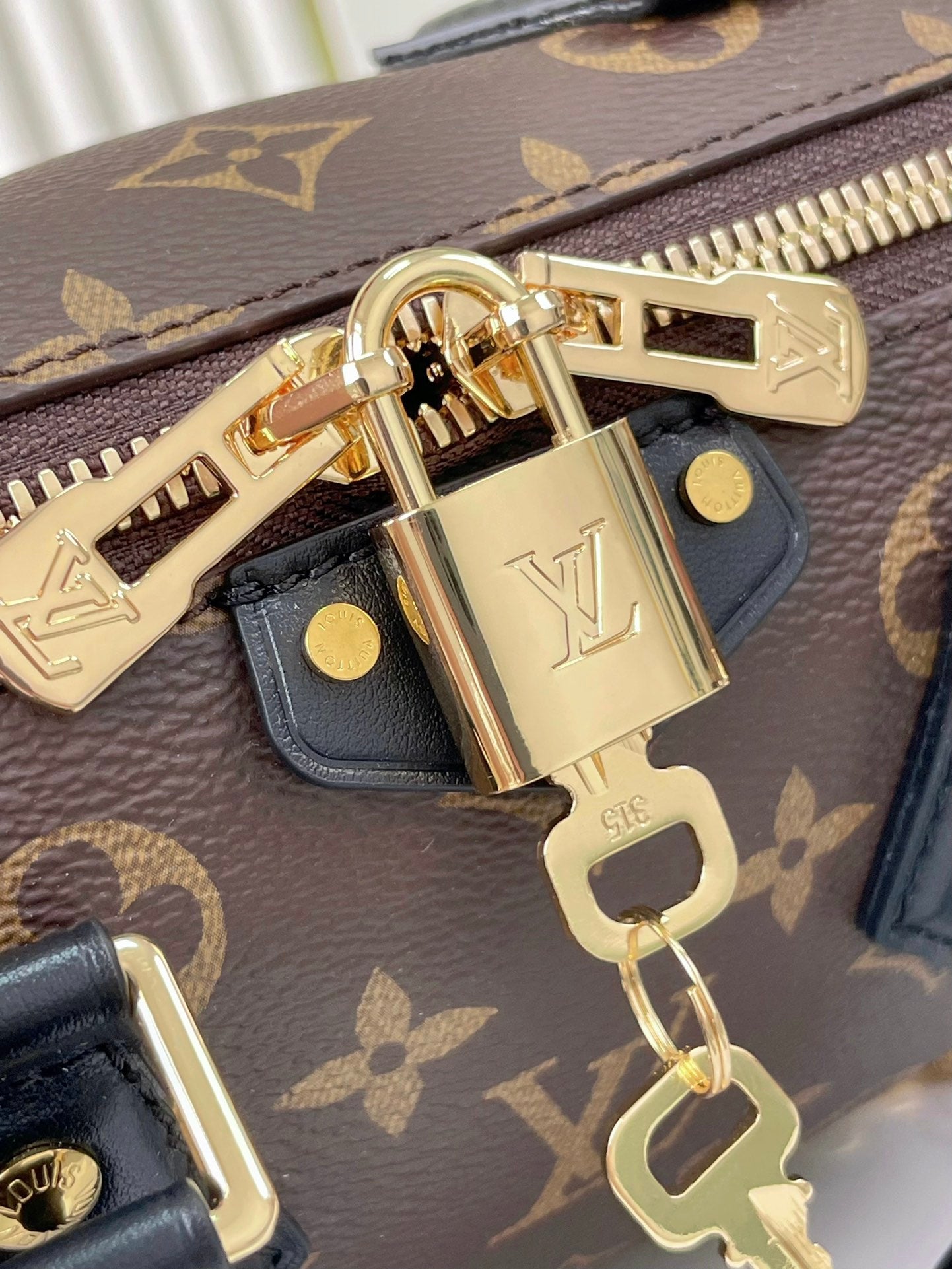 SPEEDY TRUNK 20 IN BRAUNEM MONOGRAMM-CANVAS UND SCHWARZEM KALBSLEDERBESATZ GOLDENE SCHNALLE