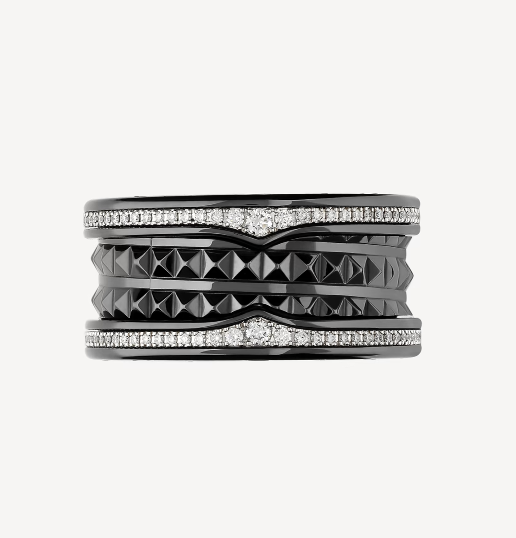 ¡®Jewelicorn¡¯ZERO 1 ROCK FOUR-BAND BLACK CERAMIC WITH STUDDED SPIRAL AND PAVED DIAMONDS RING