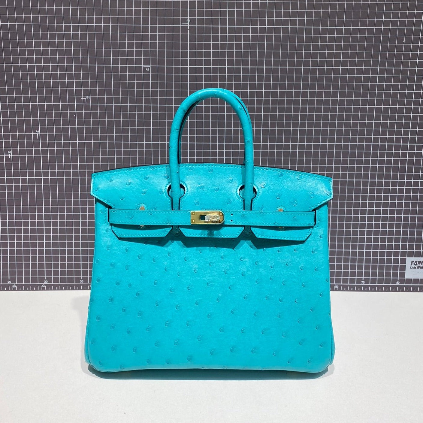 HM Birkin 30 cm Cloud Blue Straußenleder Goldbeschläge