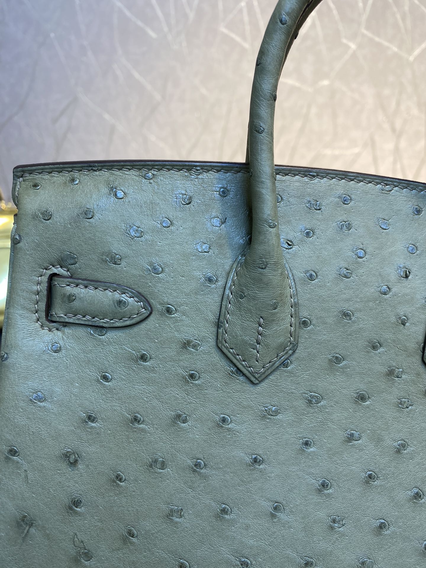 HM Birkin 30 cm Khaki Straußenleder Silberne Beschläge