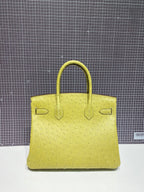 HM Birkin 30 cm Limette Straußenleder Goldene Beschläge