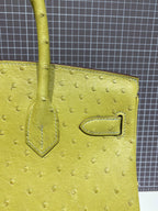 HM Birkin 30 cm Limette Straußenleder Goldene Beschläge