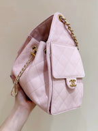 CHANEL 25 MEDIUM HANDBAG IN PASTEL PINK CALFSKIN WITH GOLD HARDWARE