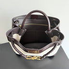 BOTTEGA VENETA 25S MEDIUM ANDIAMO 32 IN ELFENBEIN DUNKELBRAUN KALBSLEDER UND CANVAS