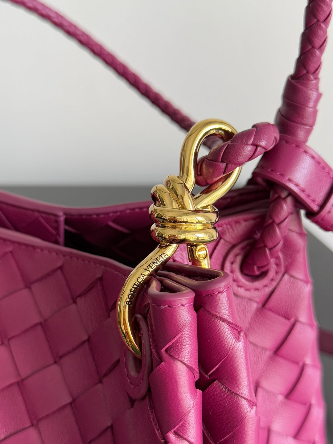 BOTTEGA VENETA 25S KLEINER FALLSCHIRM 29 IN HIMBEERROSA KALBSLEDER GOLDENE BESCHLÄGE