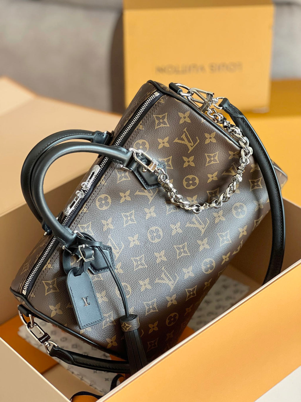 LV 25S SPEEDY SOFT 30 IN BROWN MONOGRAM CANVAS AND CALFSKIN SILVER HARDWARE