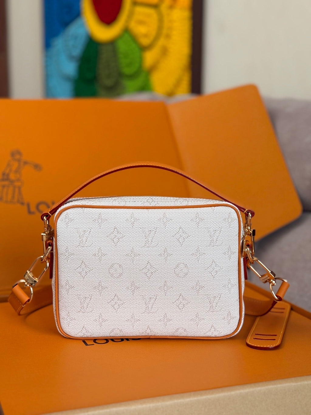 LV 25S NIL BAG 98MM IN WHITE MONOGRAM CANVAS AND CALFSKIN GOLD HARDWARE
