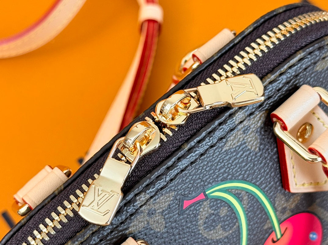 LV 25S NANO ALMA 18 IN DARK BROWN CANVAS MONOGRAM CHERRY PRINT GOLD HARDWARE