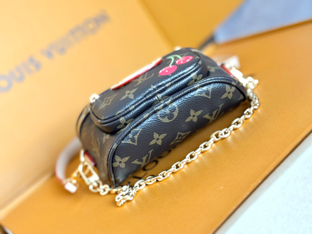 LV 25S MINI BUMBAG 17 IN BROWN CANVAS MONOGRAM CHERRY PRINT GOLD HARDWARE