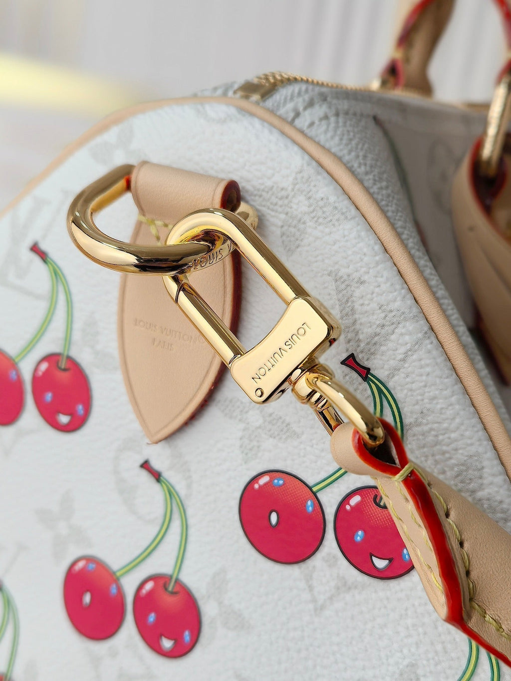 LV 25S SPEEDY SOFT 30 IN WHITE CANVAS MONOGRAM CHERRY PRINT GOLD HARDWARE