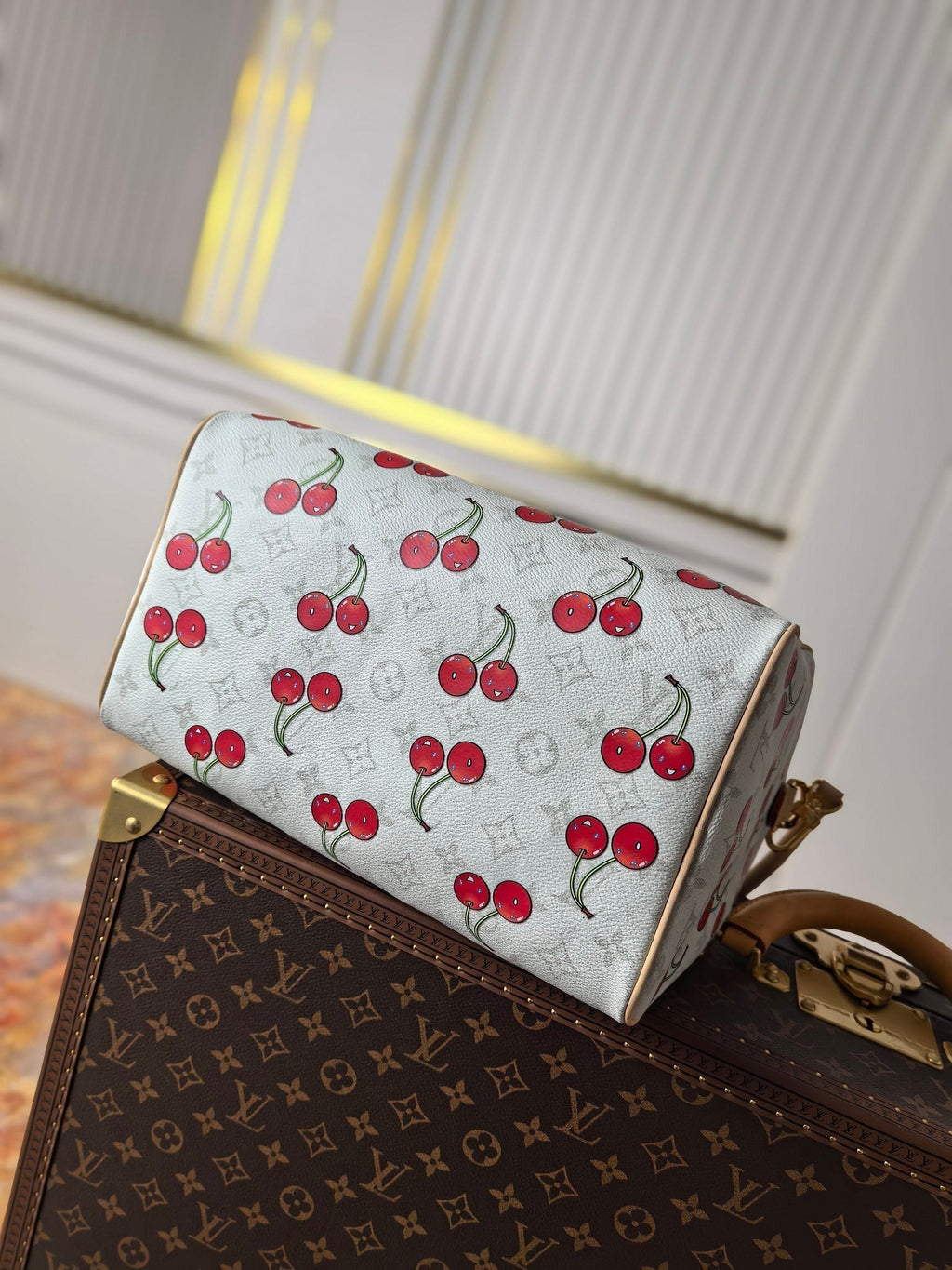 LV 25S SPEEDY SOFT 30 IN WHITE CANVAS MONOGRAM CHERRY PRINT GOLD HARDWARE