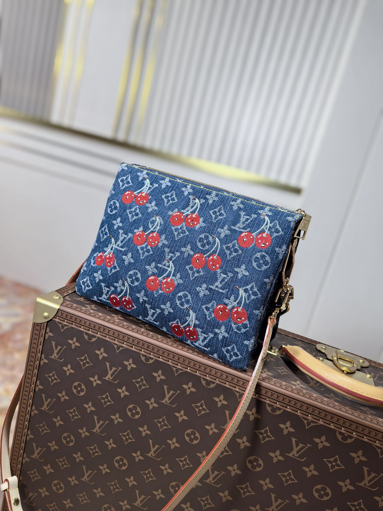 LV 25S COUSSIN BAG 26 IN DARK BLUE DENIM MONOGRAM CHERRY GOLD HARDWARE