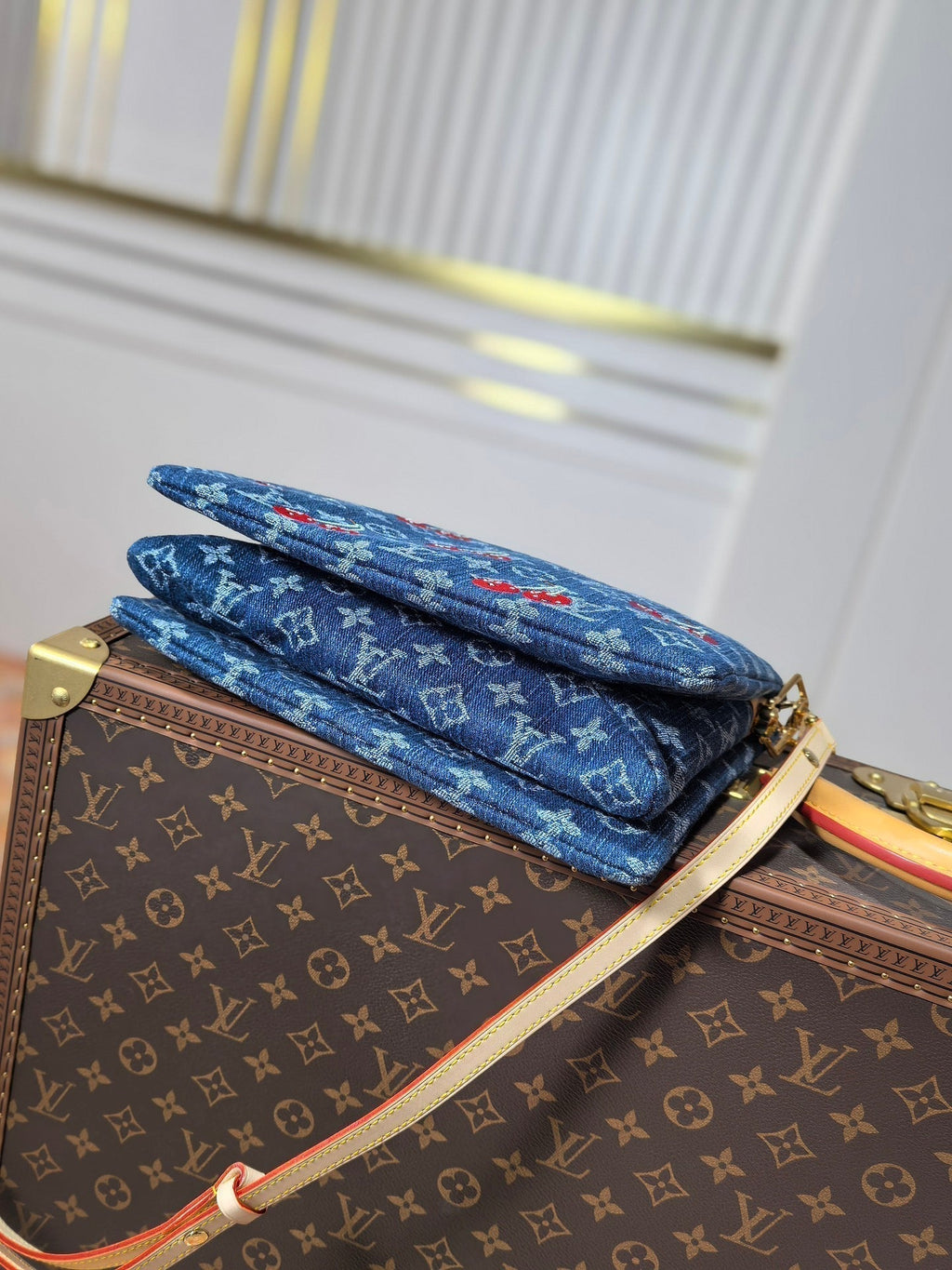 LV 25S COUSSIN BAG 26 IN DARK BLUE DENIM MONOGRAM CHERRY GOLD HARDWARE