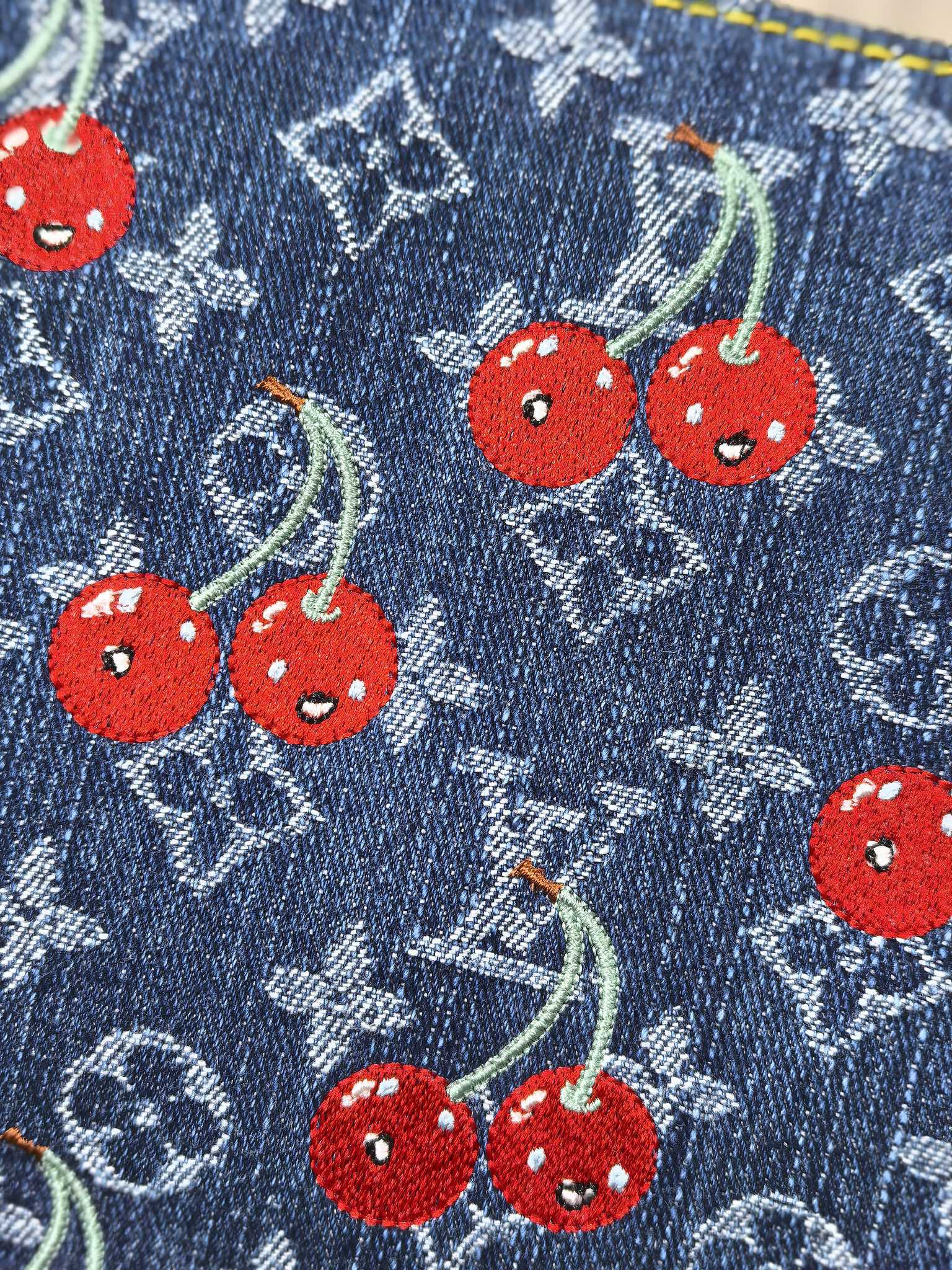 LV 25S COUSSIN BAG 26 IN DARK BLUE DENIM MONOGRAM CHERRY GOLD HARDWARE