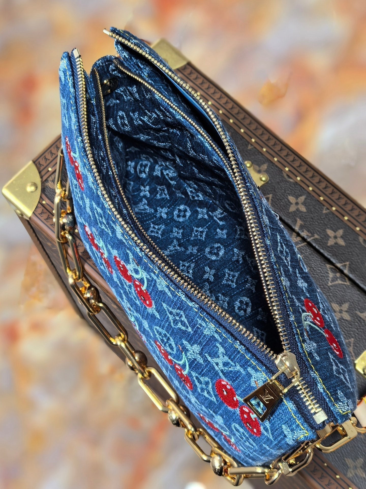 LV 25S COUSSIN BAG 26 IN DARK BLUE DENIM MONOGRAM CHERRY GOLD HARDWARE