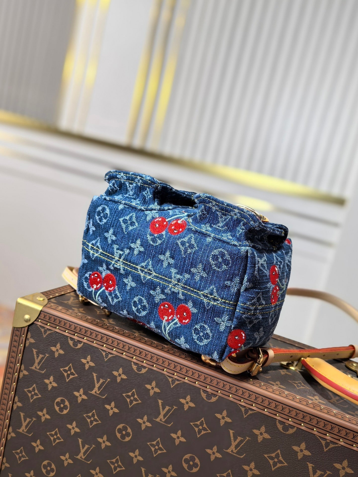 LV 25S VENICE BACKPACK 26 IN BLUE DENIM MONOGRAM CHERRY GOLD HARDWARE