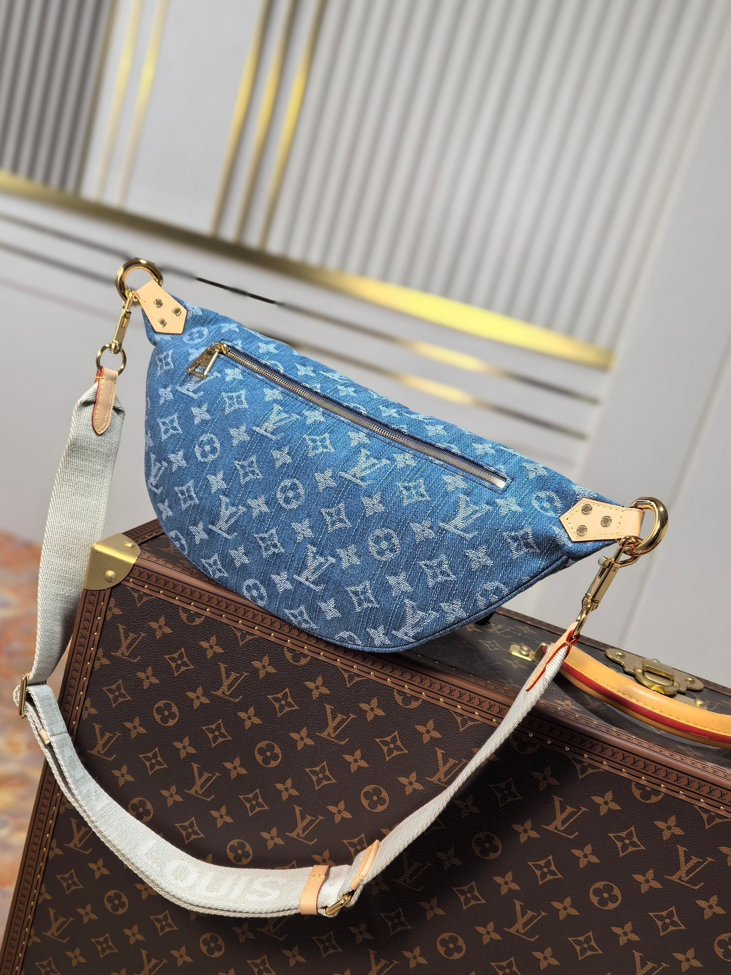 LV 25S BUMBAG 38 IN BLUE MONOGRAM DENIM LEATHER TRIM GOLD HARDWARE