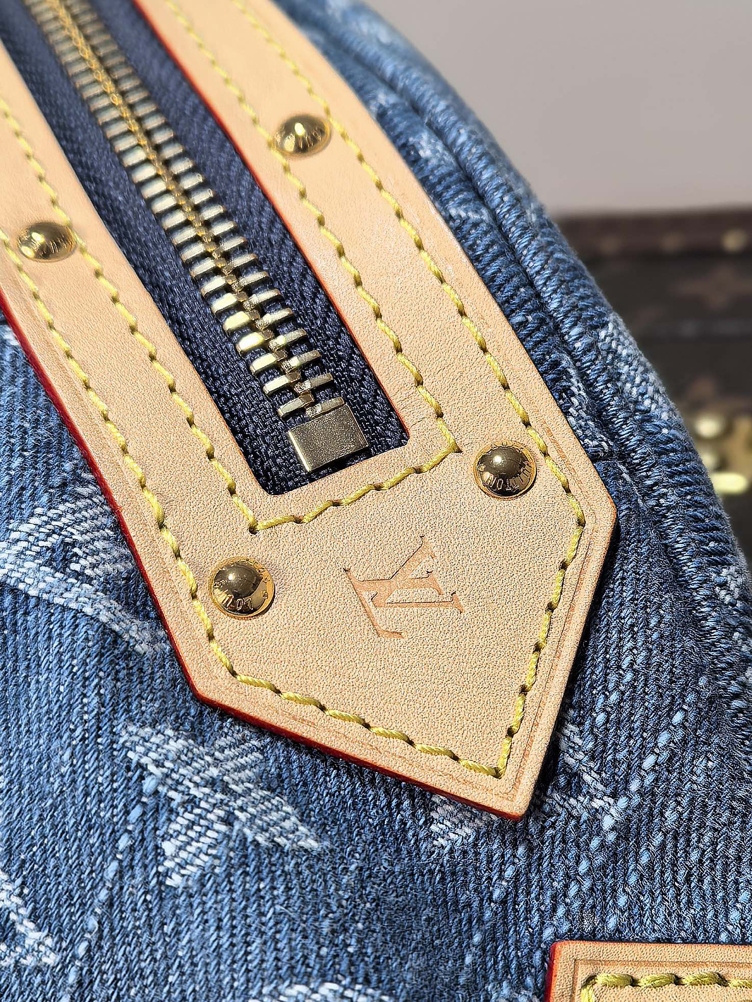 LV 25S BUMBAG 38 IN BLUE MONOGRAM DENIM LEATHER TRIM GOLD HARDWARE