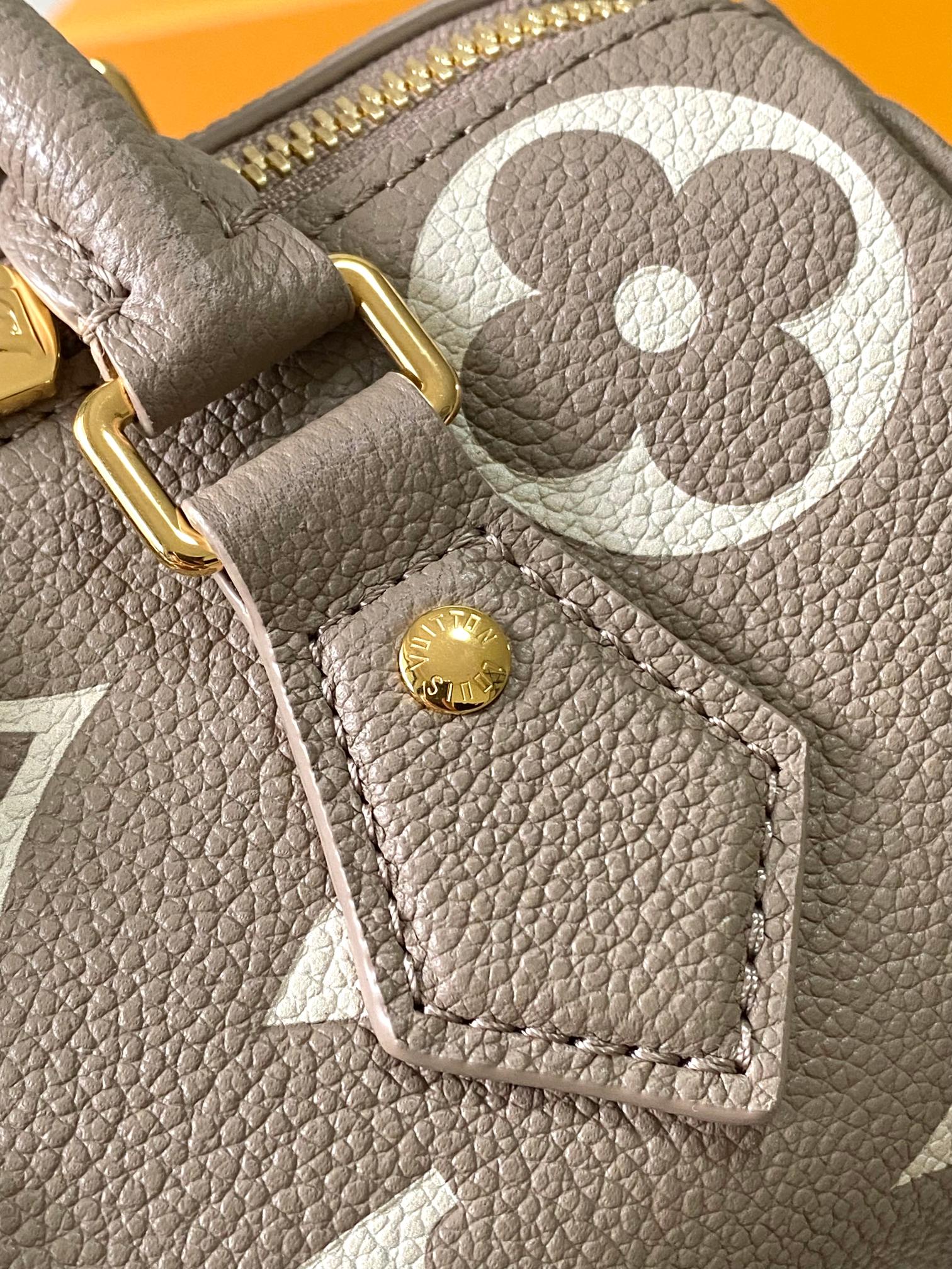 SPEEDY BANDOULIÈRE 20 IN TAUPE BRAUN UND WEISS MONOGRAMM EMPREINTE LEDER