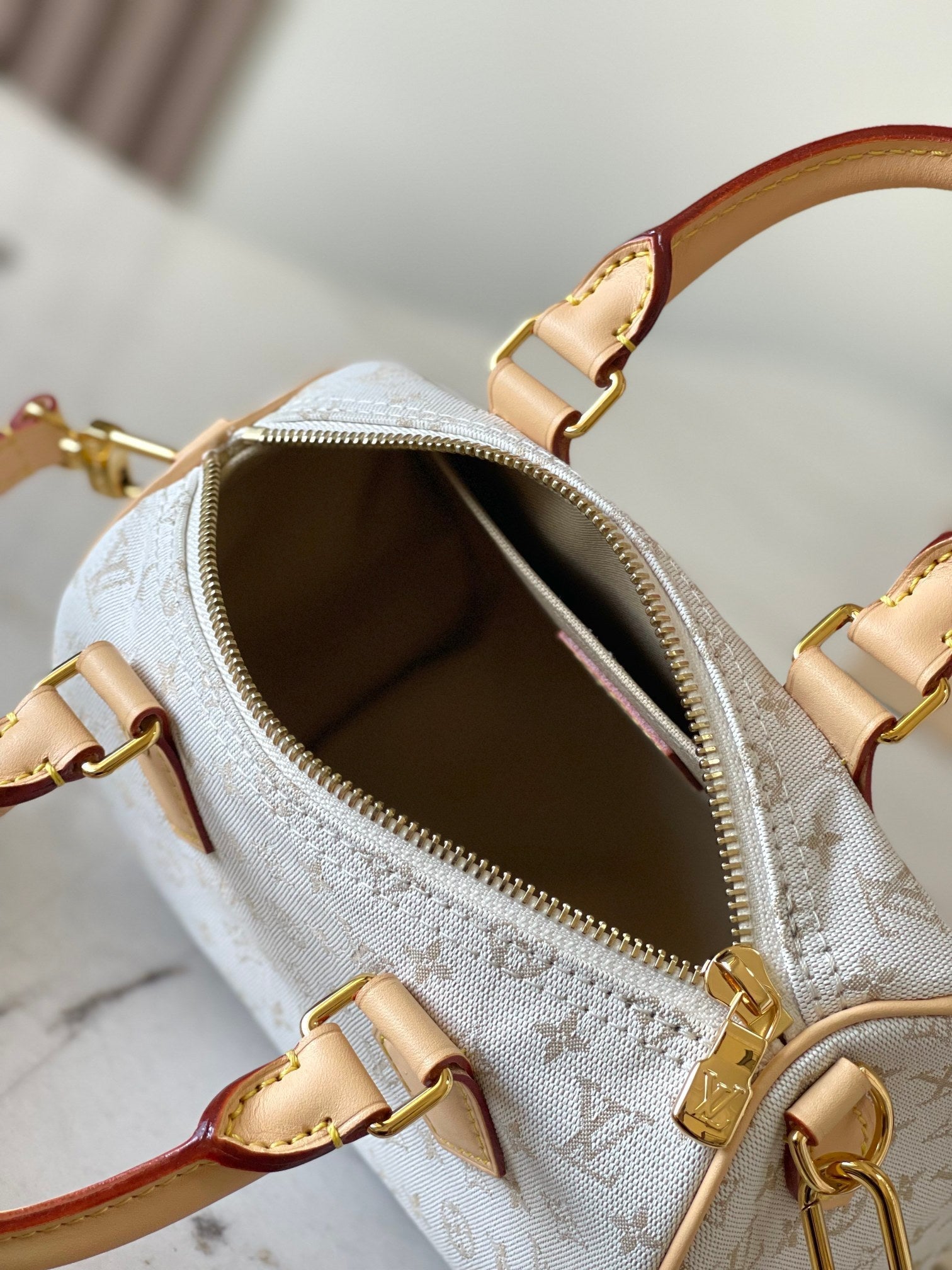 SPEEDY BANDOULIÈRE 20 IN WEISSEM MONOGRAMM-JACQUARD UND BEIGEM KALBSLEDERBESATZ