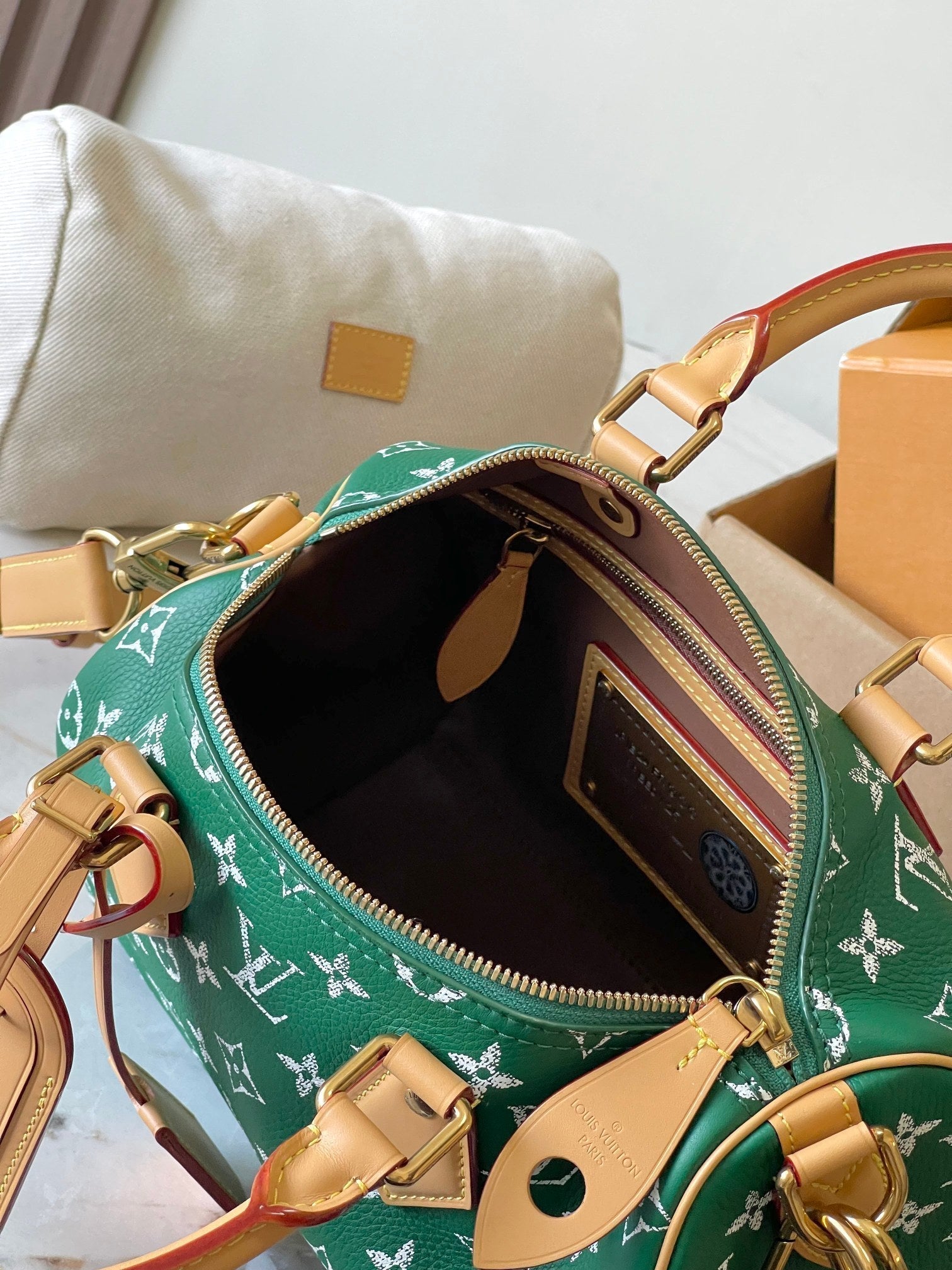 SPEEDY P9 BANDOULIÈRE 25 IN GRÜNEM MONOGRAMM-LEINWAND GOLDENE BESCHLÄGE