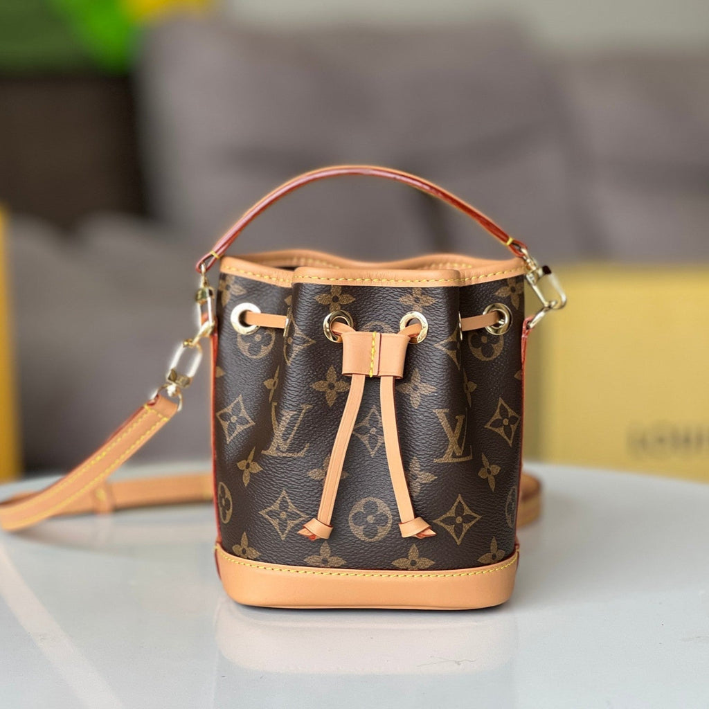 LV 25S NANO NOÉ 16 IN DARK BROWN MONOGRAM COATED CANVAS LEATHER TRIM