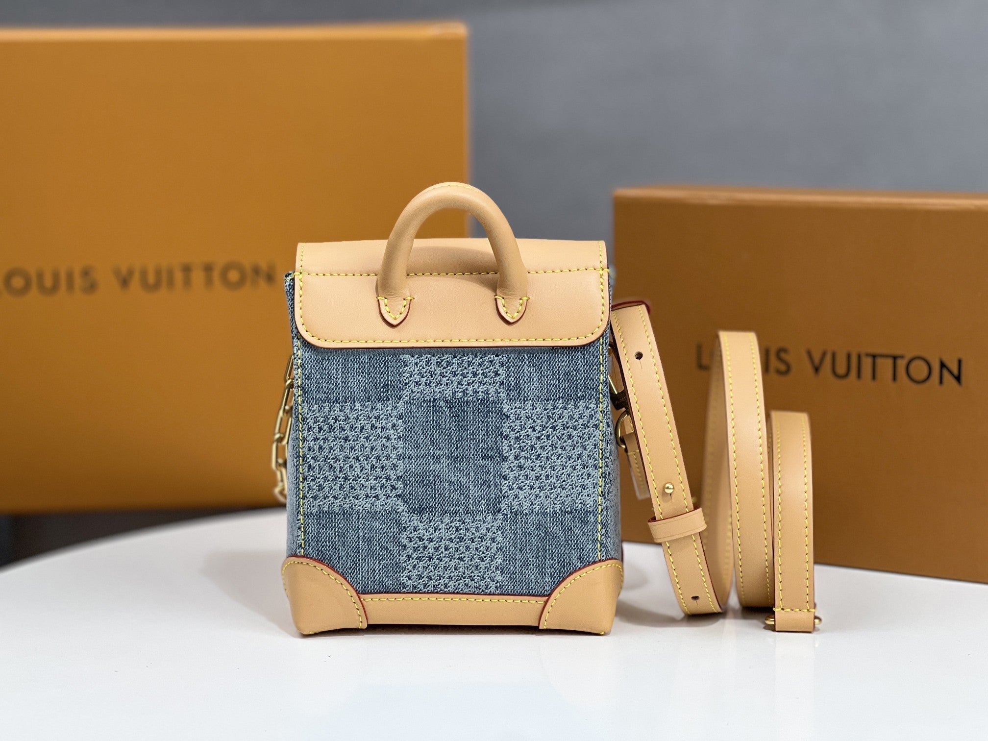 LV 25S NANO STEAMER 18 IN BLUE COTTON DENIM CALFSKIN TRIM GOLD HARDWARE