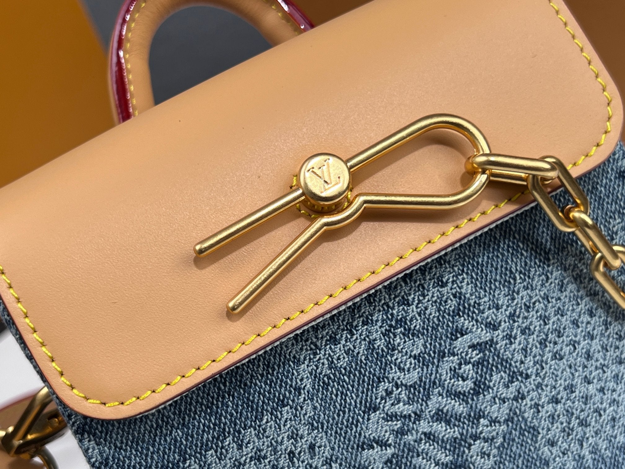 LV 25S NANO STEAMER 18 IN BLUE COTTON DENIM CALFSKIN TRIM GOLD HARDWARE