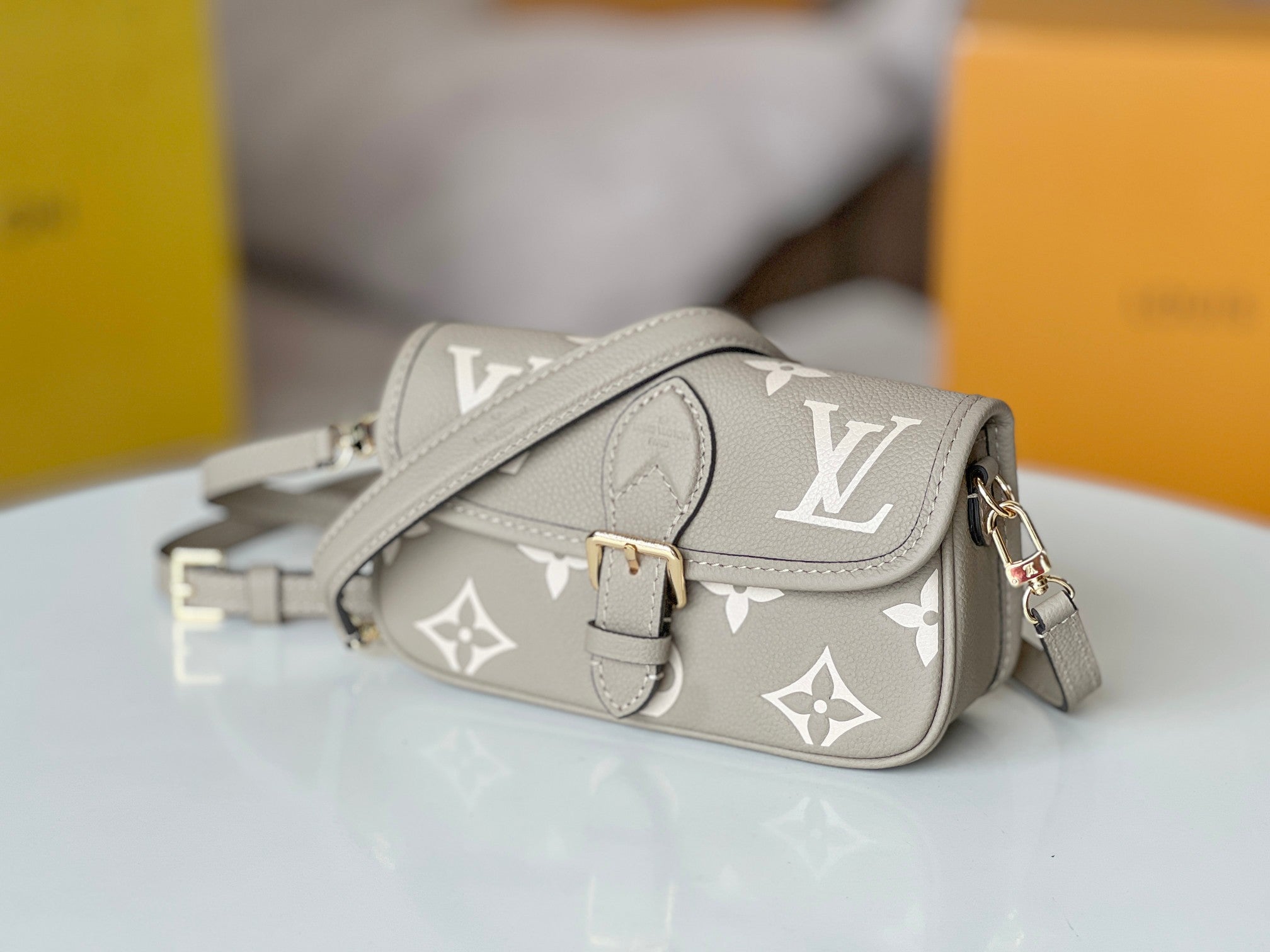 LV 25S MINI NANO DIANE 19 IN TOURTERELLE WHITE MONOGRAM EMPREINTE LEATHER GOLD HARDWARE