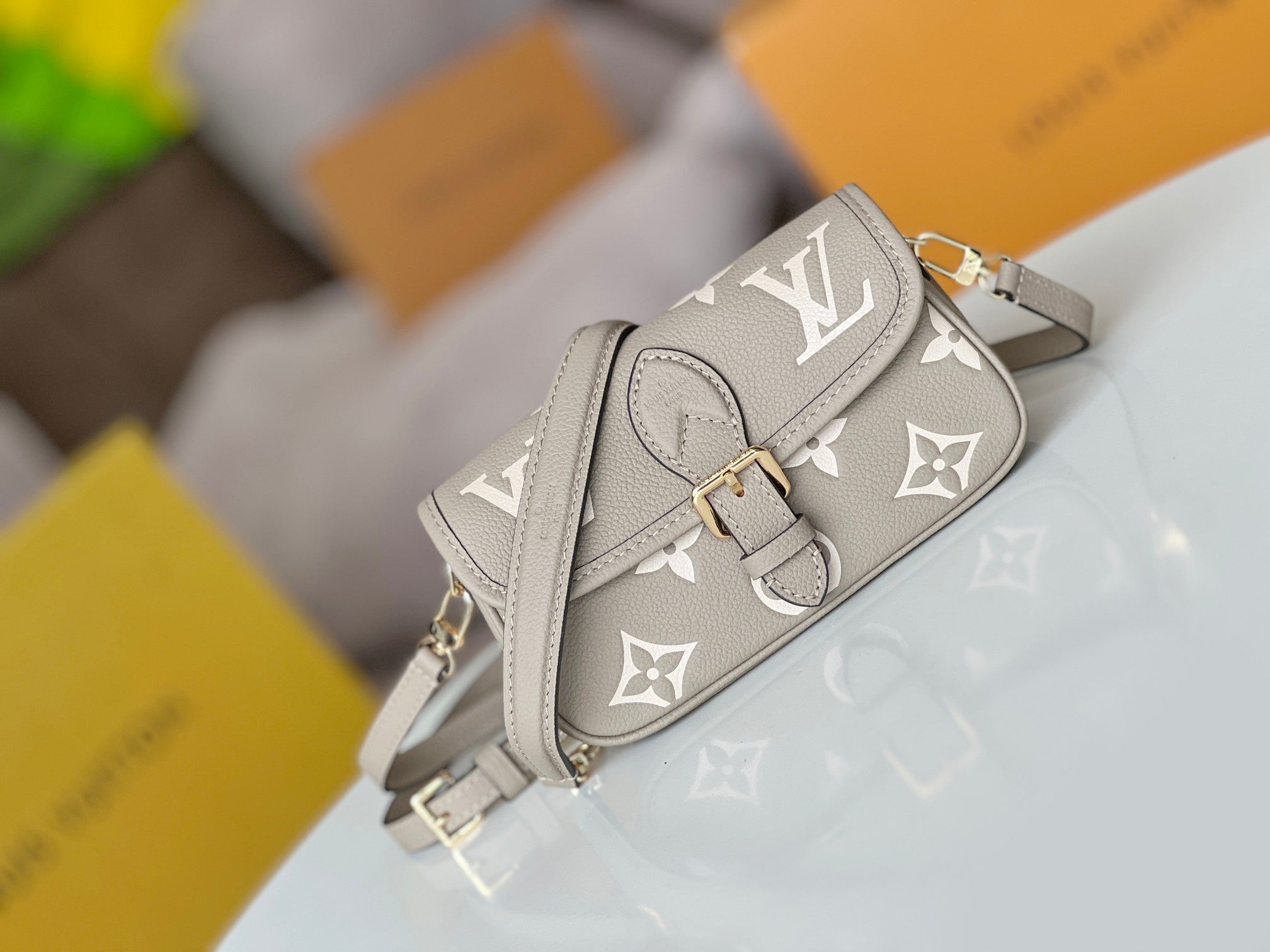LV 25S MINI NANO DIANE 19 IN TOURTERELLE WHITE MONOGRAM EMPREINTE LEATHER GOLD HARDWARE