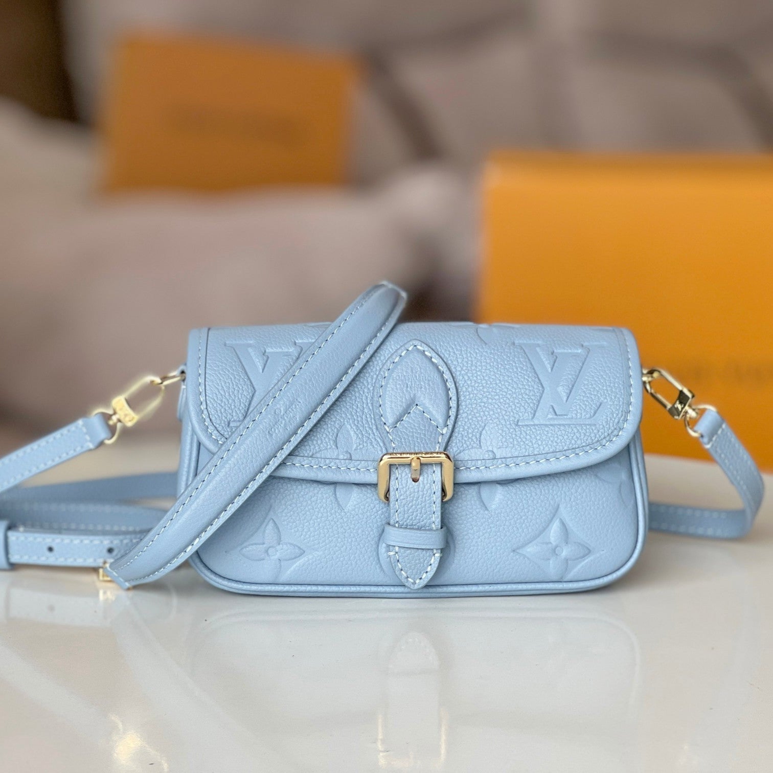 LV 25S MINI NANO DIANE 19 IN BEAU BLUE MONOGRAM EMPREINTE LEATHER GOLD HARDWARE