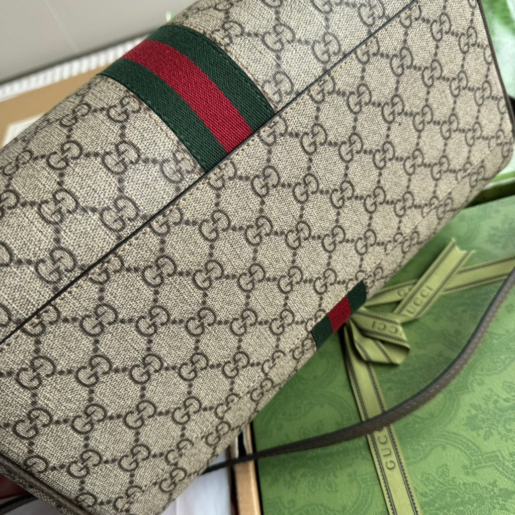 Ophidia Große Boston Tasche 31 Zoll Beige Ebony GG Braun Kalbslederbesatz