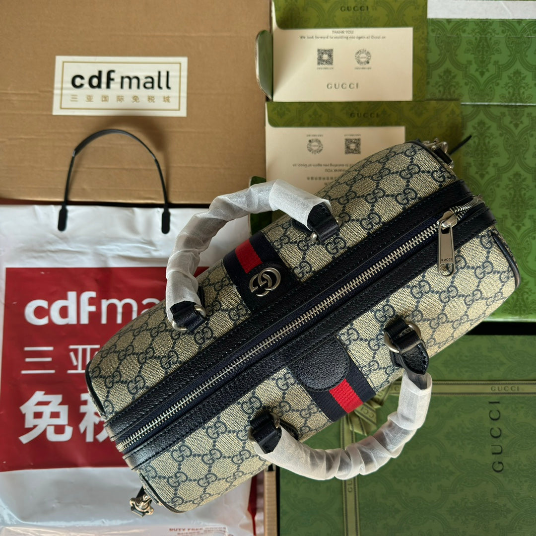 OPHIDIA GROSSE BOSTON TASCHE 31 IN BEIGE UND BLAU GG KALBSLEDER