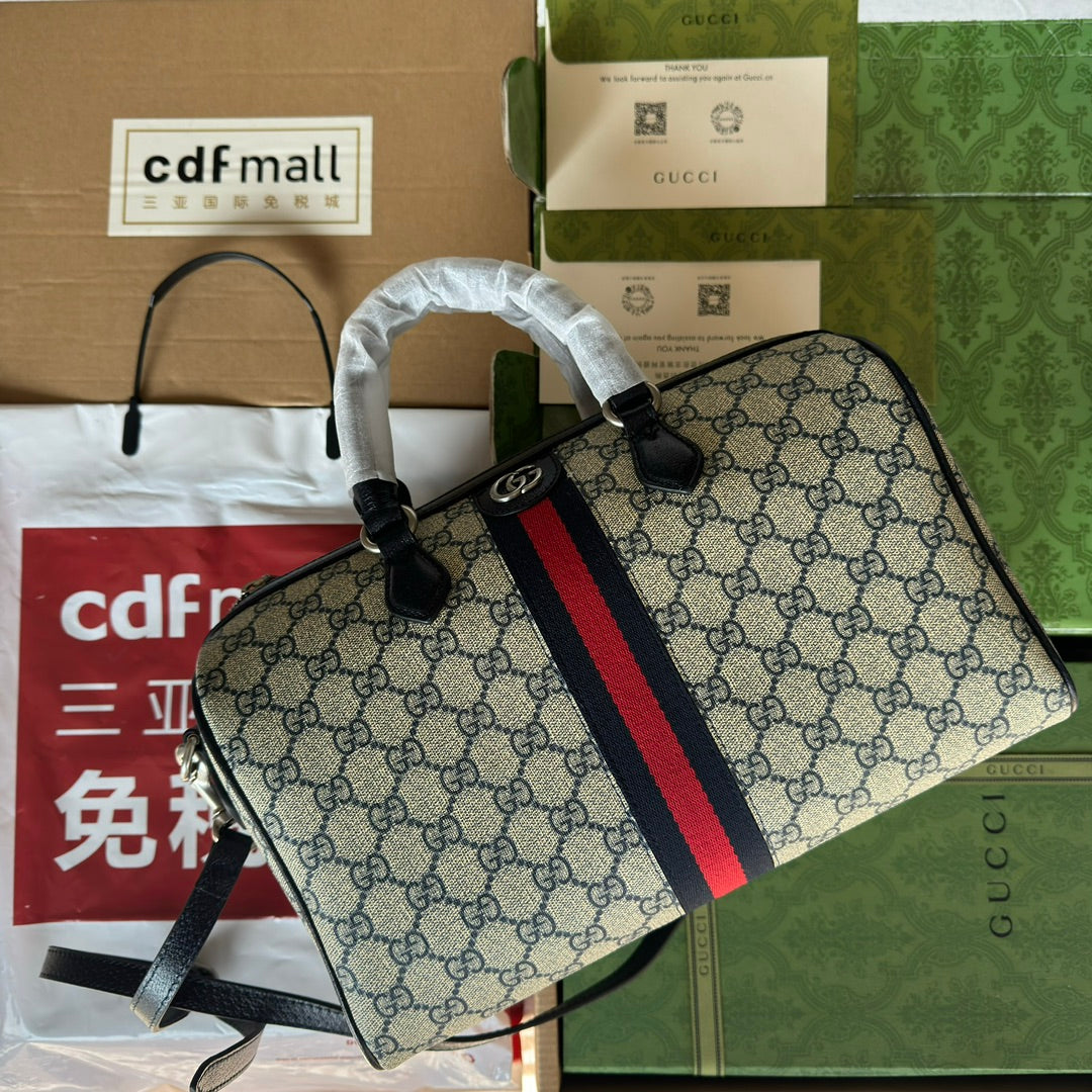 OPHIDIA GROSSE BOSTON TASCHE 31 IN BEIGE UND BLAU GG KALBSLEDER