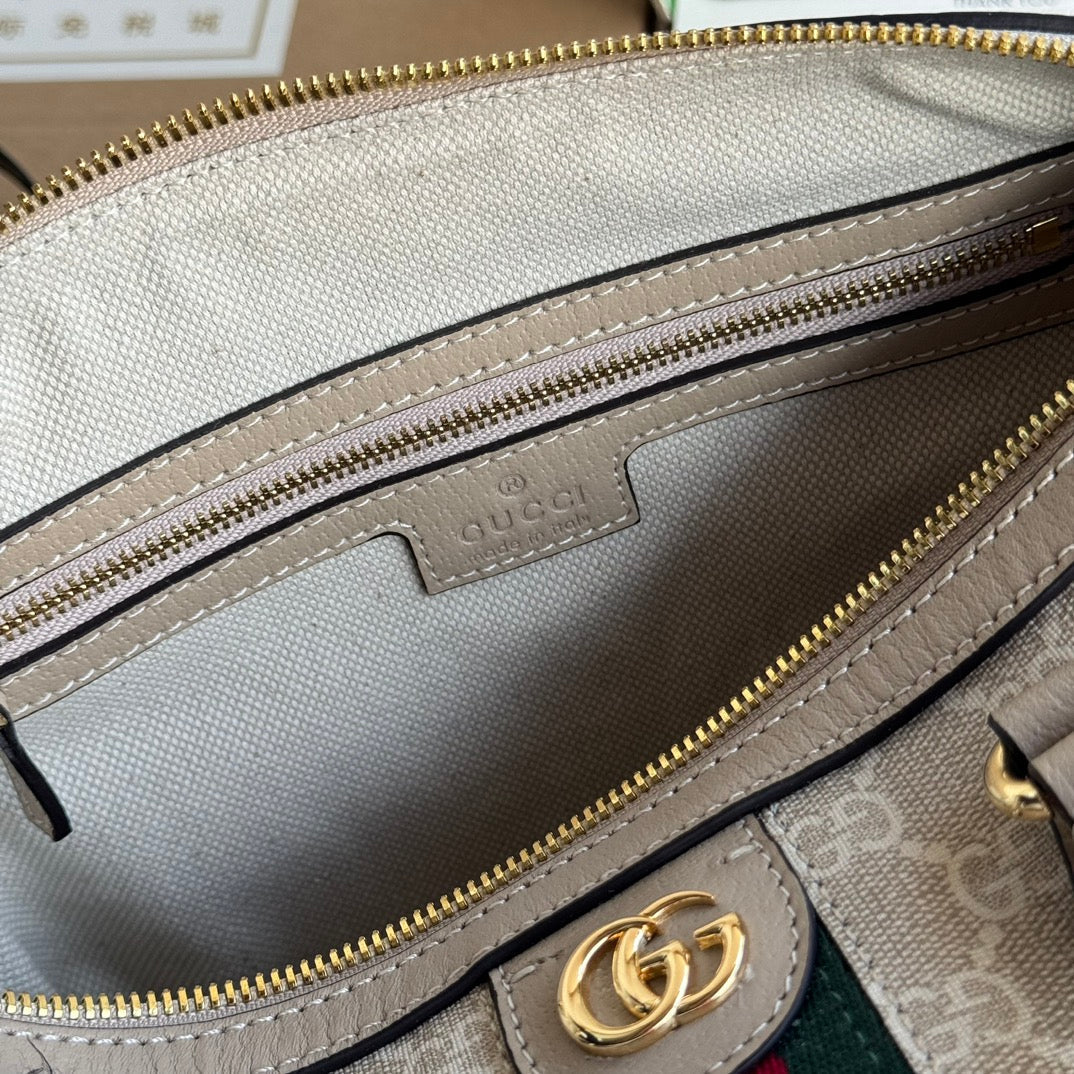 OPHIDIA KLEINE TRAGETASCHE 26 IN BEIGE WEISSES CANVAS MIT HAFERFARBENEM KALBSLEDERBESATZ GOLDENE BESCHLÄGE