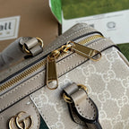 OPHIDIA KLEINE TRAGETASCHE 26 IN BEIGE WEISSES CANVAS MIT HAFERFARBENEM KALBSLEDERBESATZ GOLDENE BESCHLÄGE