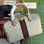 OPHIDIA KLEINE TRAGETASCHE 26 IN BEIGE WEISSES CANVAS MIT HAFERFARBENEM KALBSLEDERBESATZ GOLDENE BESCHLÄGE