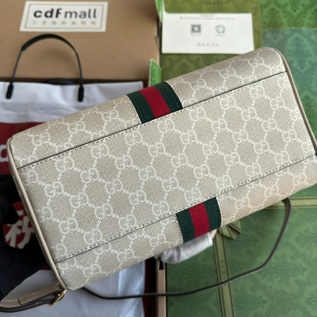 OPHIDIA KLEINE TRAGETASCHE 26 IN BEIGE WEISSES CANVAS MIT HAFERFARBENEM KALBSLEDERBESATZ GOLDENE BESCHLÄGE