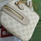 OPHIDIA MITTLERE HANDTASCHE 31 IN BEIGE WEISSEM CANVASE MIT BESATZ AUS HAFERFARBENEM KALBSLEDER UND GOLDENEN BESCHLÄGEN