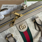 OPHIDIA MITTLERE HANDTASCHE 31 IN BEIGE WEISSEM CANVASE MIT BESATZ AUS HAFERFARBENEM KALBSLEDER UND GOLDENEN BESCHLÄGEN