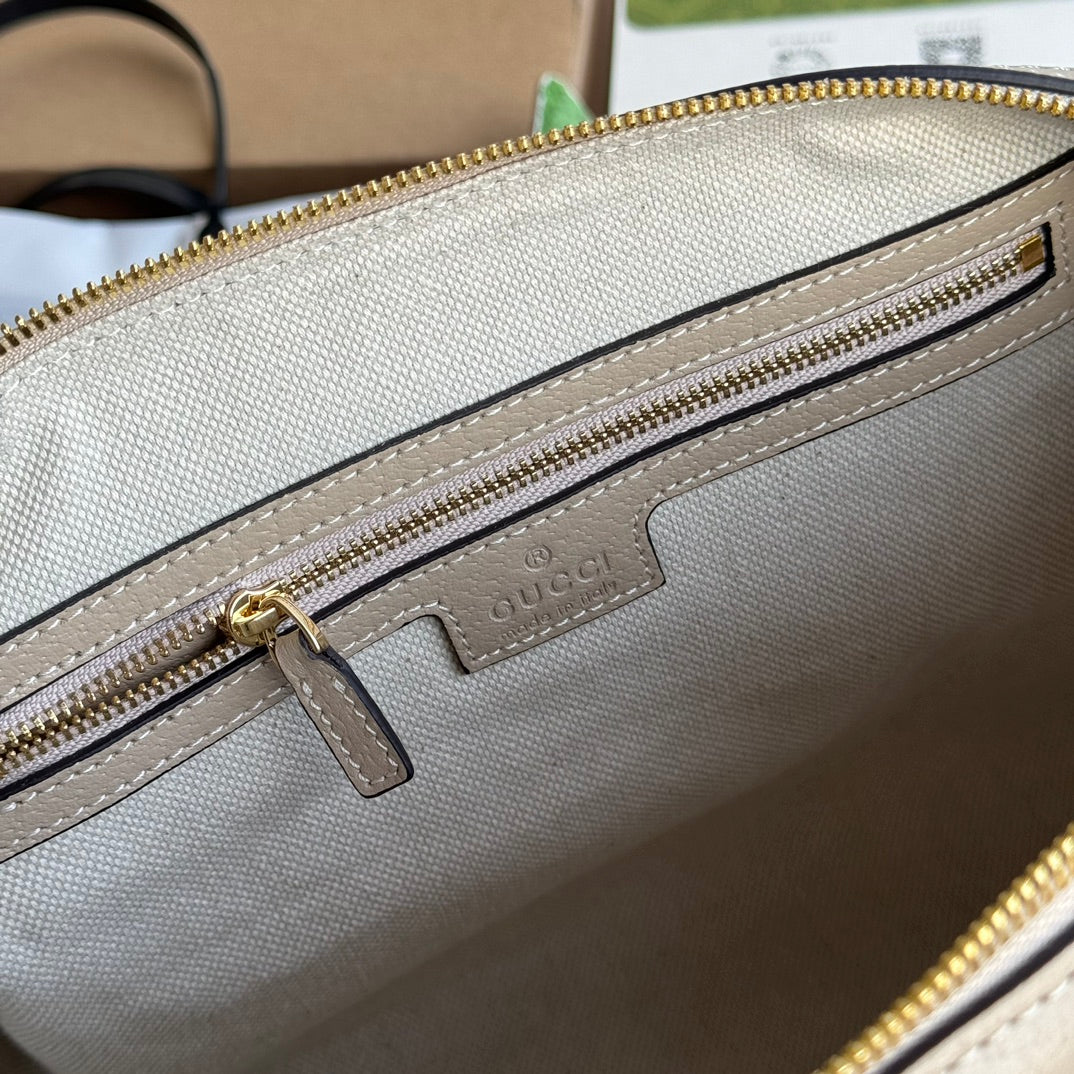 OPHIDIA MITTLERE HANDTASCHE 31 IN BEIGE WEISSEM CANVASE MIT BESATZ AUS HAFERFARBENEM KALBSLEDER UND GOLDENEN BESCHLÄGEN