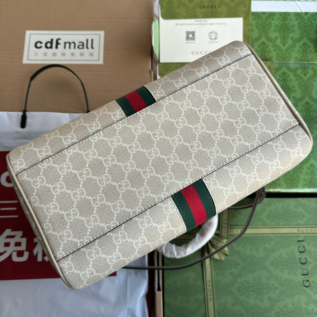 OPHIDIA MITTLERE HANDTASCHE 31 IN BEIGE WEISSEM CANVASE MIT BESATZ AUS HAFERFARBENEM KALBSLEDER UND GOLDENEN BESCHLÄGEN