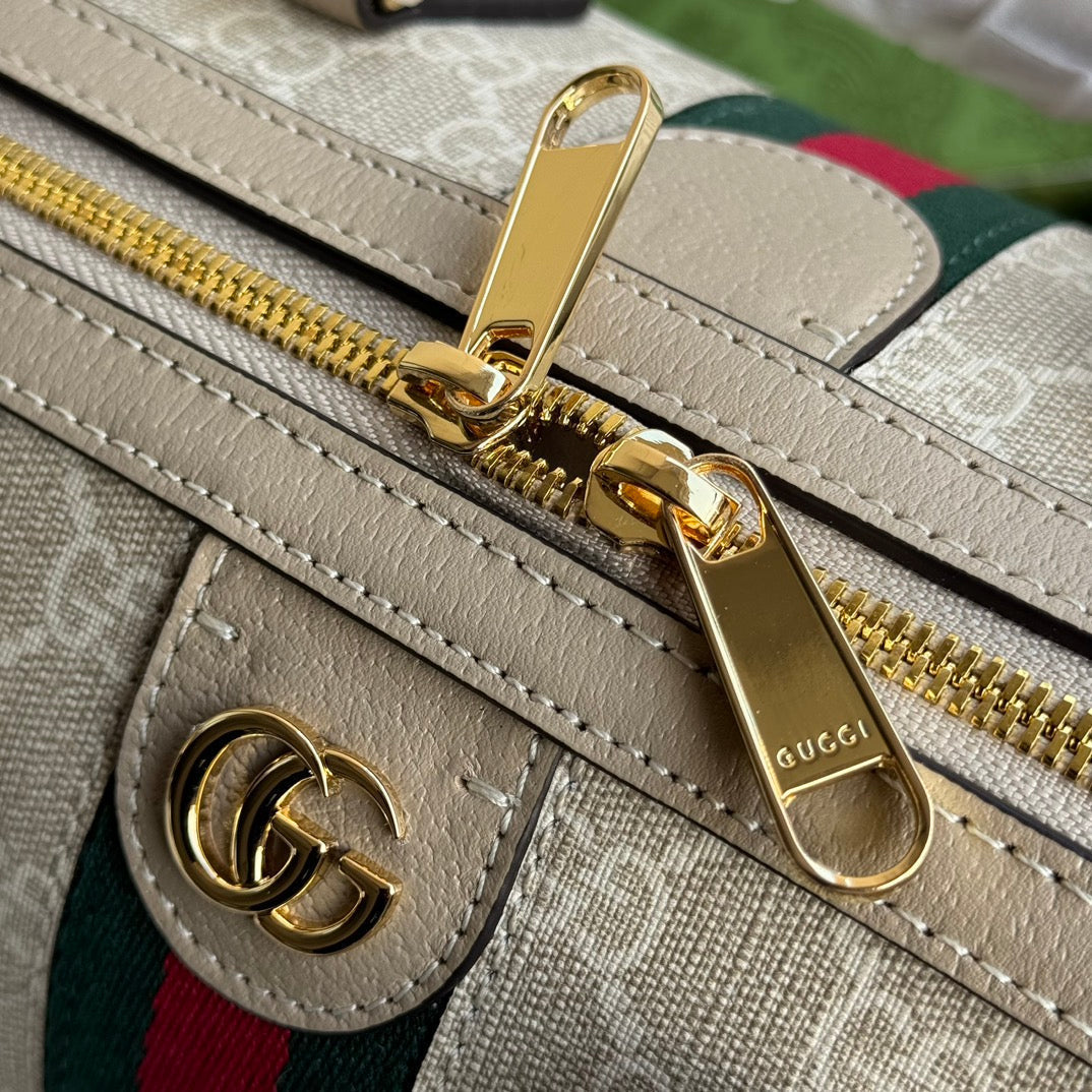 OPHIDIA MITTLERE HANDTASCHE 31 IN BEIGE WEISSEM CANVASE MIT BESATZ AUS HAFERFARBENEM KALBSLEDER UND GOLDENEN BESCHLÄGEN