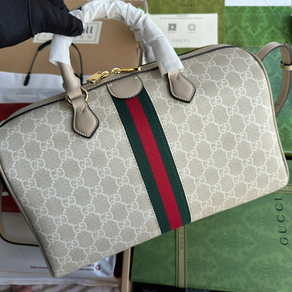 OPHIDIA MITTLERE HANDTASCHE 31 IN BEIGE WEISSEM CANVASE MIT BESATZ AUS HAFERFARBENEM KALBSLEDER UND GOLDENEN BESCHLÄGEN