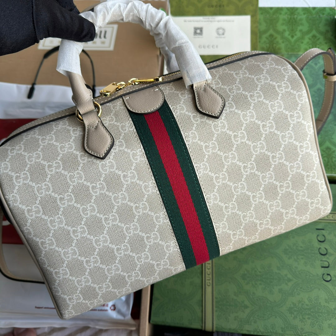 OPHIDIA MITTLERE HANDTASCHE 31 IN BEIGE WEISSEM CANVASE MIT BESATZ AUS HAFERFARBENEM KALBSLEDER UND GOLDENEN BESCHLÄGEN