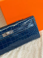 KELLY CUT 31 IN NAVY BLUE SHINNY ALLIGATOR LEATHER WITH SILVER HARDWARE (MADE-TO-ODER)